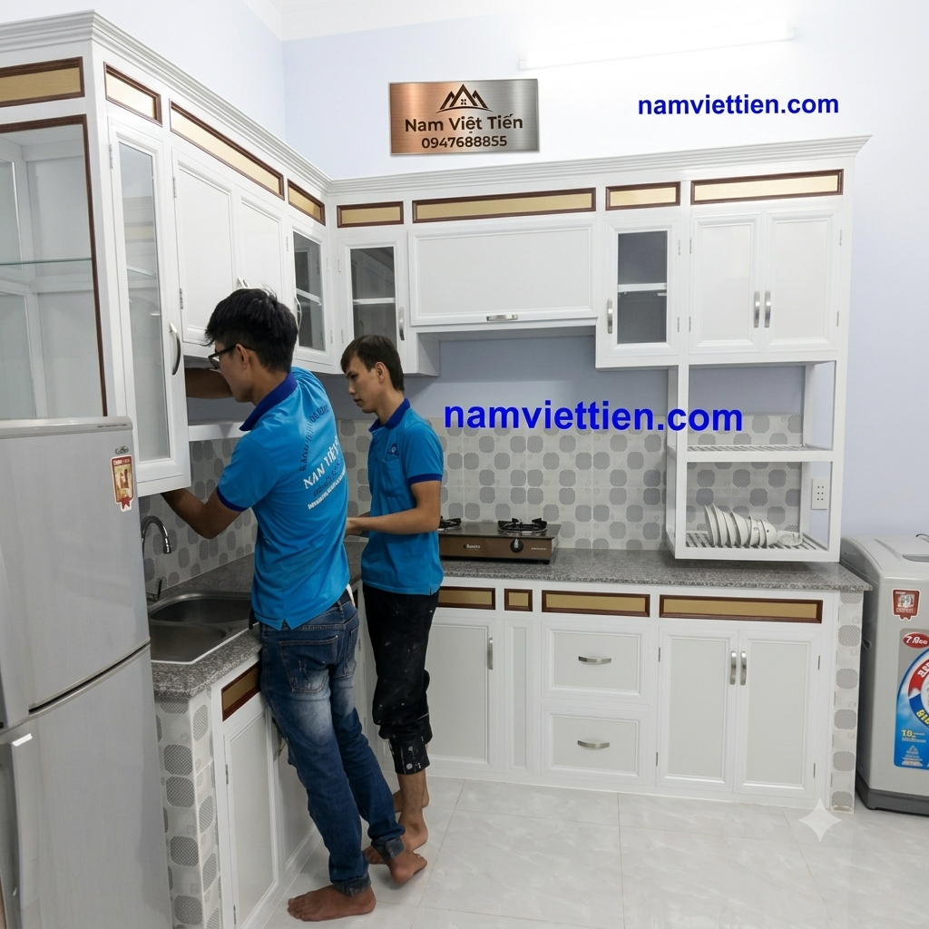 Tủ bếp nhôm kính chữ I tiết kiệm diện tích Tủ bếp nhôm kính chữ I tiết kiệm diện tích