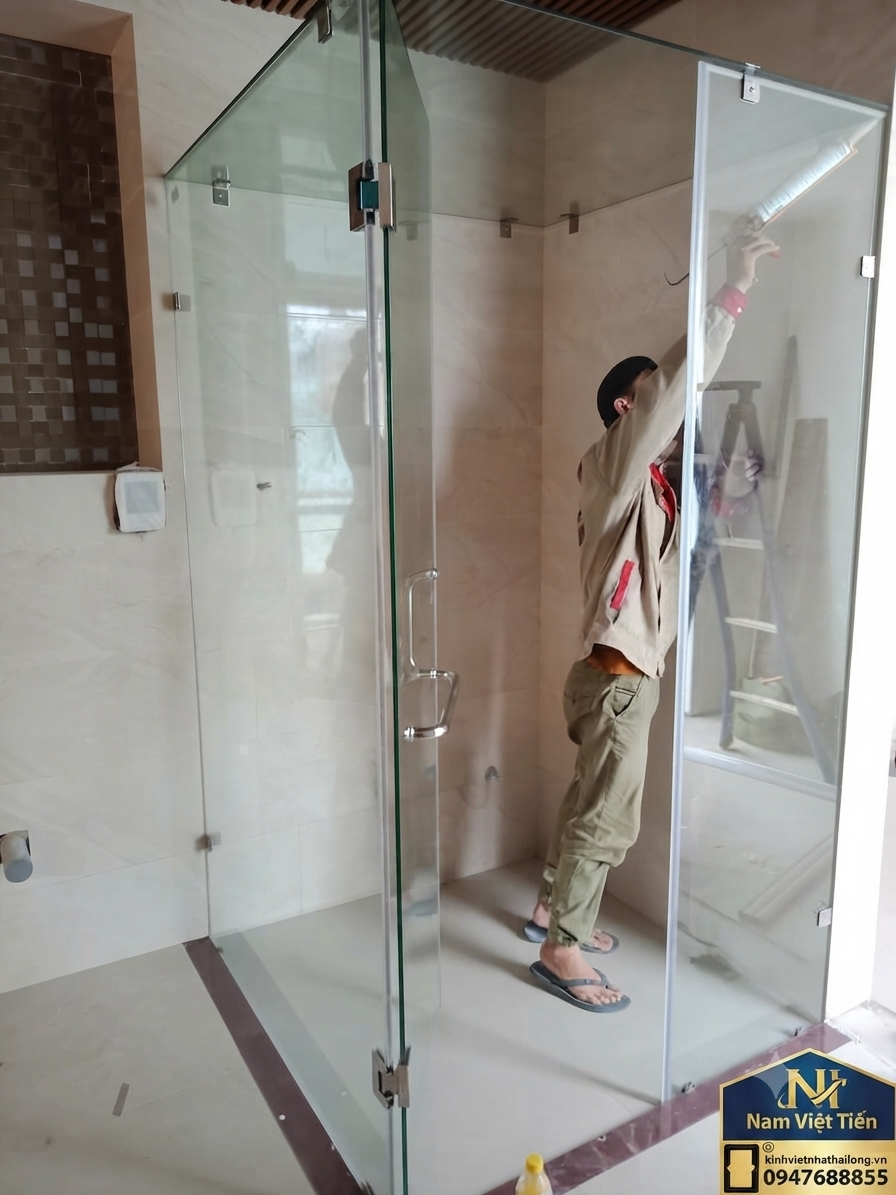 thi công phòng tắm kính cửa mở quay