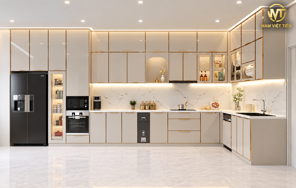 Tủ bếp nhôm kính màu xanh nhạt bóng gương, mặt đá ốp tường vân mây sang trọng
