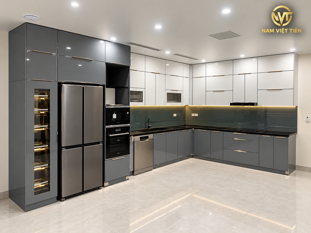 Gia công tủ bếp hợp kim nhôm màu xám đậm, ốp kính màu xanh lá nhạt