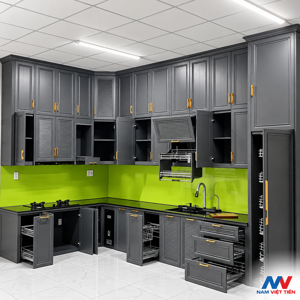 Mẫu tủ bếp hợp kim nhôm màu xám than, ốp kính màu xanh chanh nổi bật cá tính