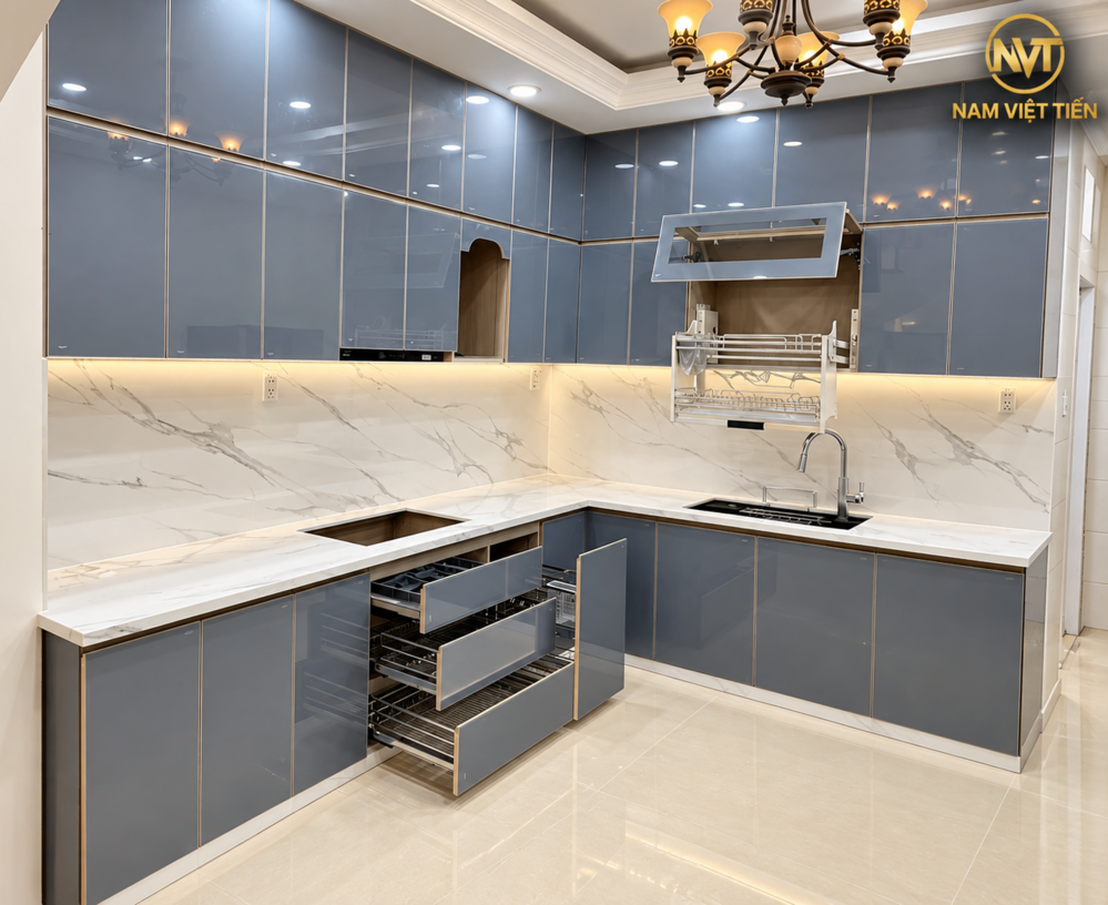 Tủ bếp nhôm hợp kim màu xanh xám bóng gương, mặt đá vân mây, ngăn kéo inox kéo ra tiện lợi