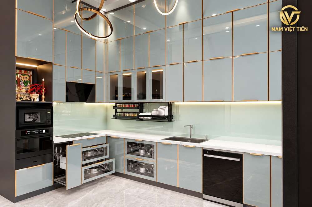 Tủ bếp nhôm hợp kim thi công tại TPHCM với đảo bếp đá marble và tủ rượu âm tường